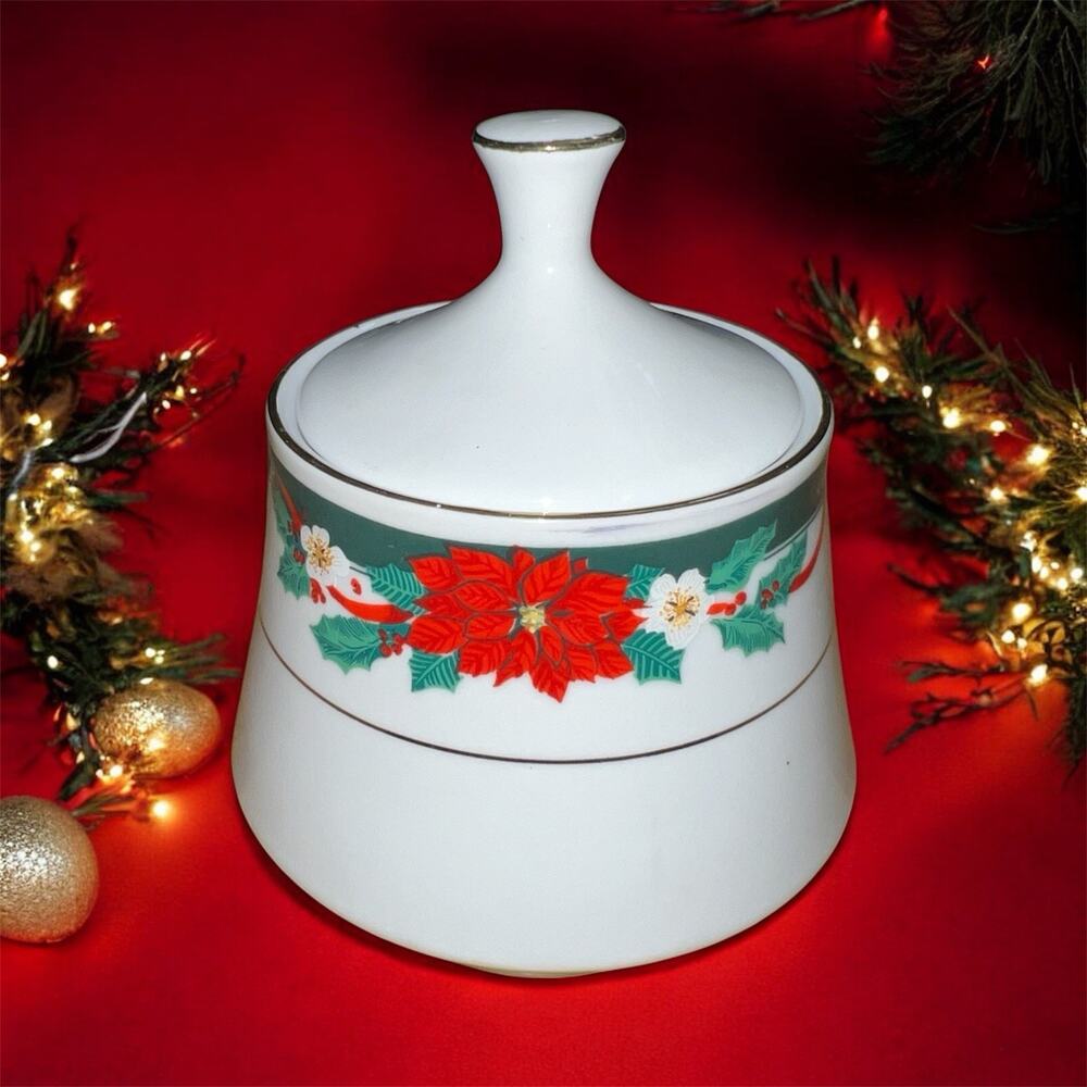Tienshan Deck the Halls Christmas Sugar Bowl with Lid Poinsettia Fine China